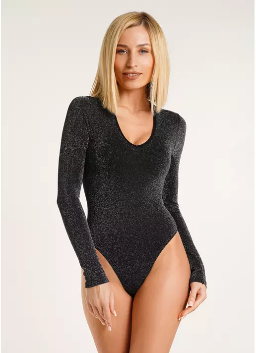 Безшовне боді з люрексом в рубчик BODY LONG SLEEVE RIB LUREX silver/black (сірий/чорний)