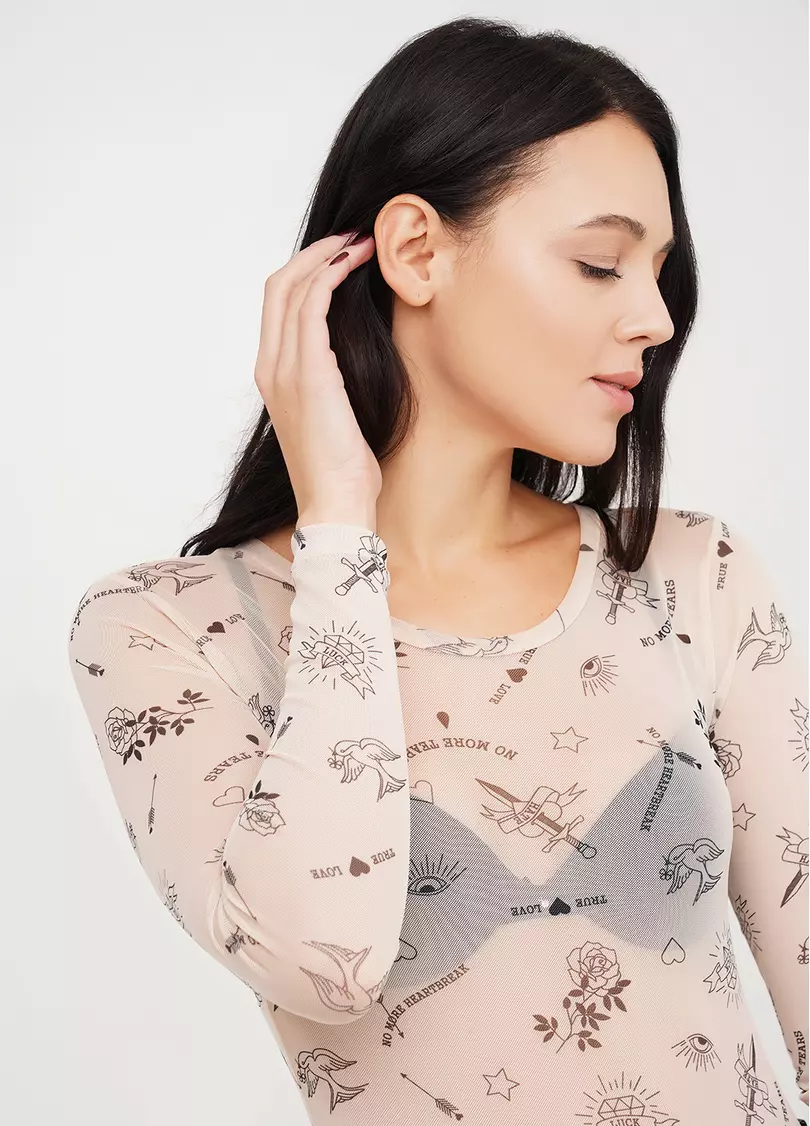 Боди с узором тату сетка Tatoo 3102/07 beige tatoo (бежевый)