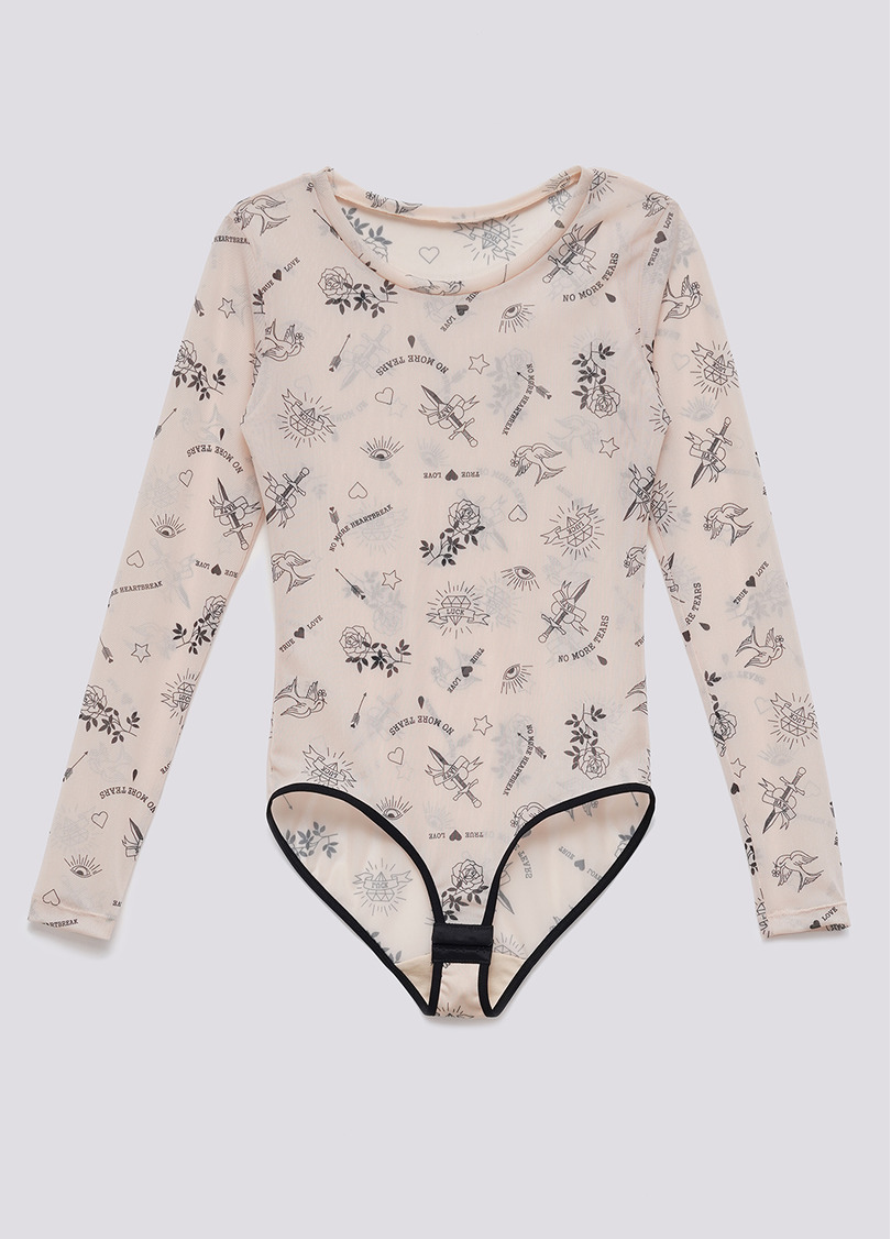 Боди с узором тату сетка Tatoo 3102/07 beige tatoo (бежевый)