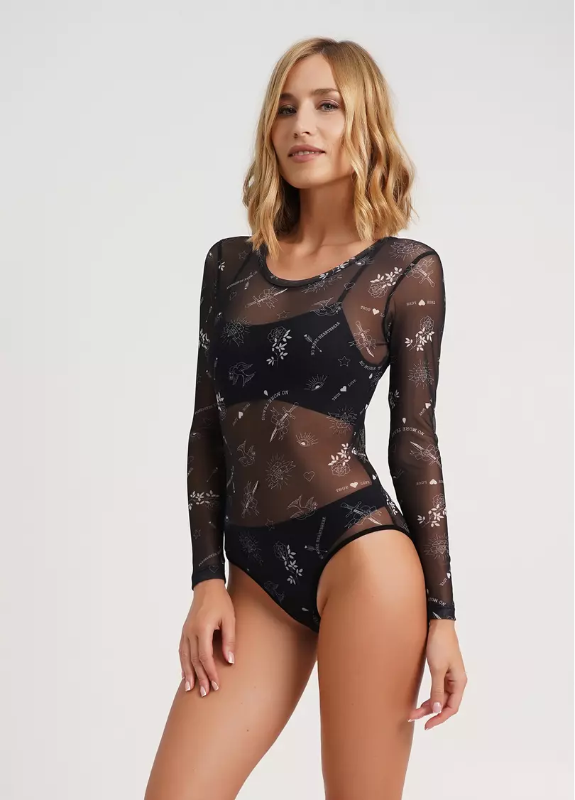 Боди с узором тату сетка Tatoo 3102/07 black tattoo (черный)