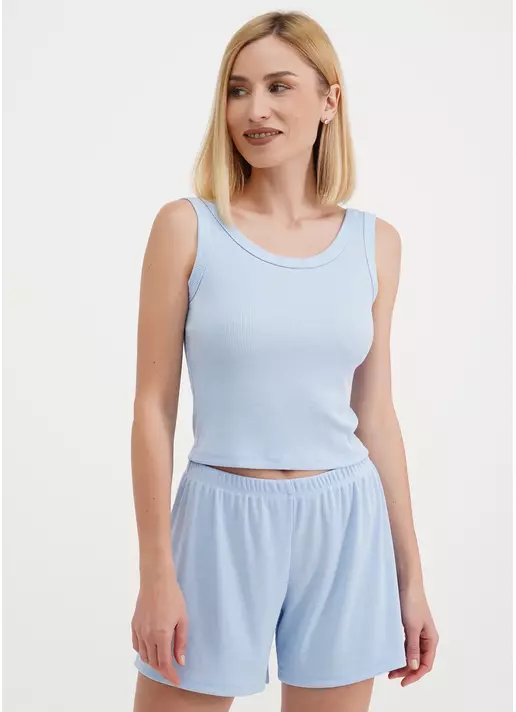 Хлопковый топ с открытой спиной в рубчик RIB 4107/010 light blue (голубой)