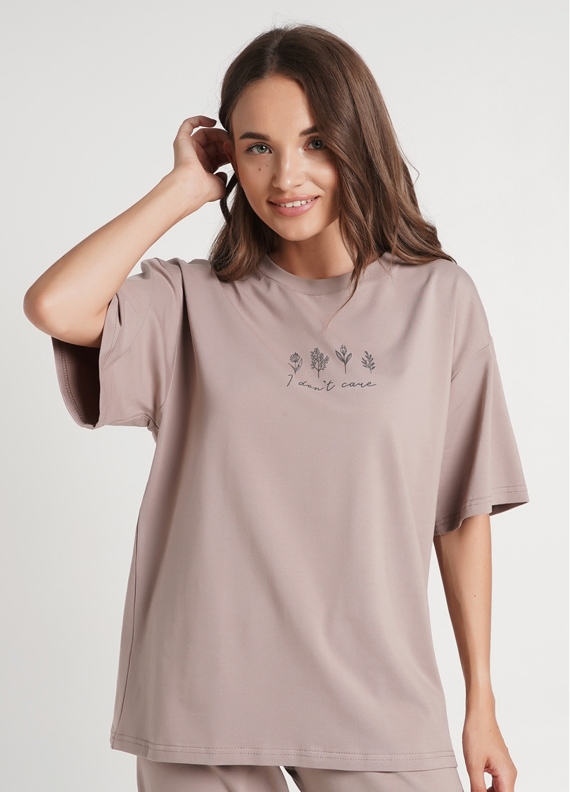 Широка футболка з принтом SPRING FLOWERS 4806/010 mokko (коричневий)