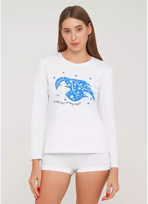 Хлопковый домашний лонгслив STARS 48/409/010 white/blue (белый)