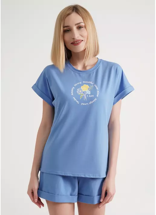 Футболка з підворотами на рукавах та принтом STRONG 4809/010 blue (блакитний)