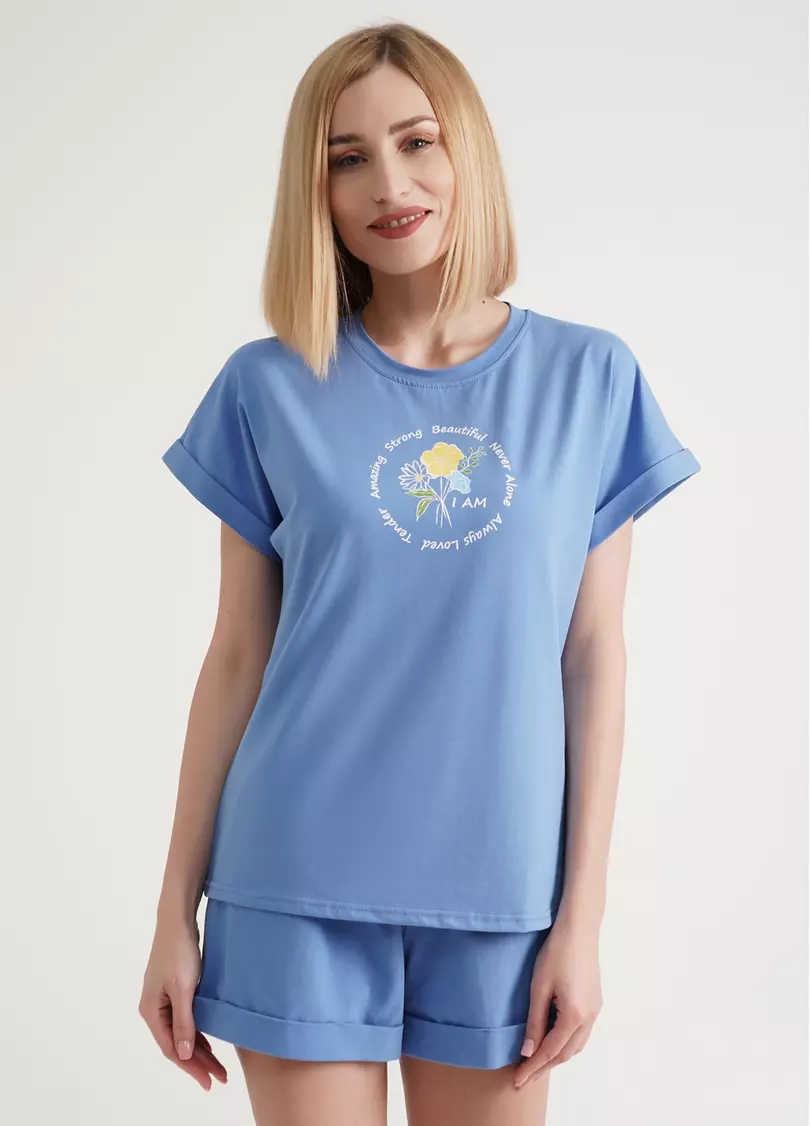 Футболка з підворотами на рукавах та принтом STRONG 4809/010 blue (блакитний)