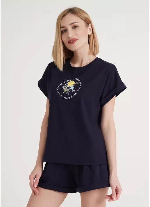 Футболка з підворотами на рукавах та принтом STRONG 4809/010 navy (синій)