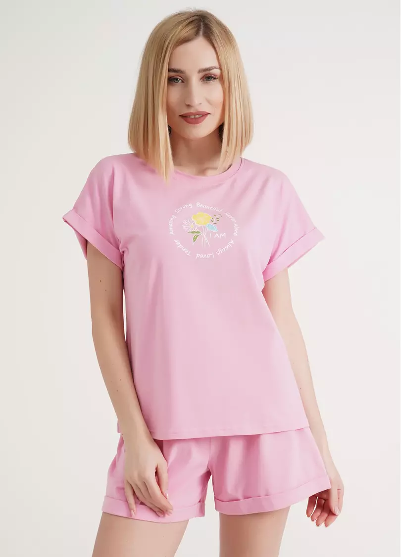 Футболка с подворотами на рукавах и принтом STRONG 4809/010 pink (розовый)
