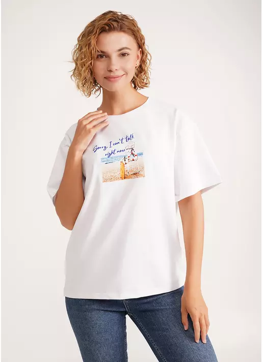 Футболка оверсайз из хлопка с принтом T-SHIRT BASIC print 4806/010 white/beach (белый)