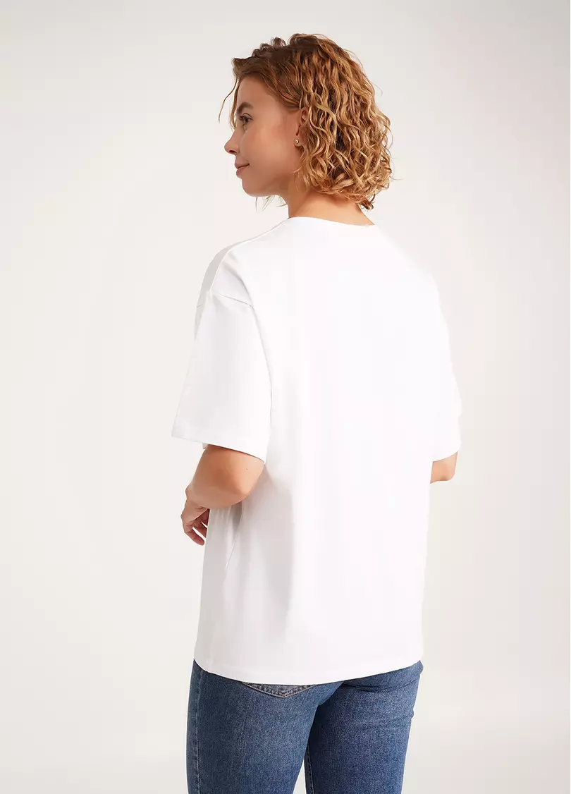 Футболка оверсайз из хлопка с принтом T-SHIRT BASIC print 4806/010 white/beach (белый)