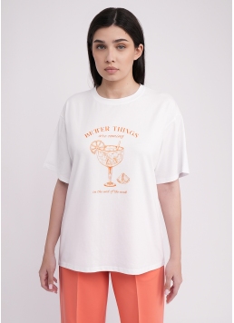Футболка оверсайз з бавовни з принтом T-SHIRT BASIC print 4806/010 white/letter print (білий)
