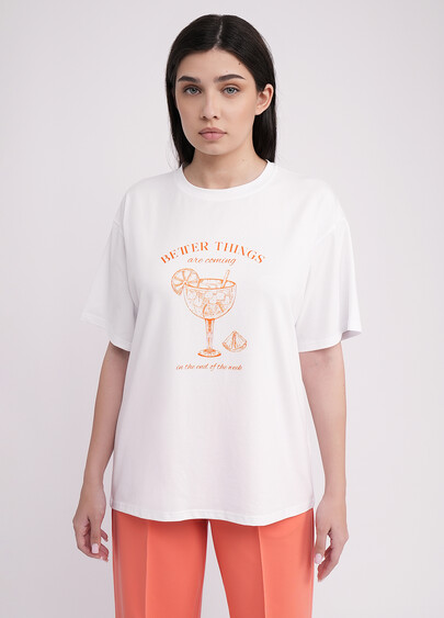 Футболка оверсайз з бавовни з принтом T-SHIRT BASIC print 4806/010 white/letter print (білий)