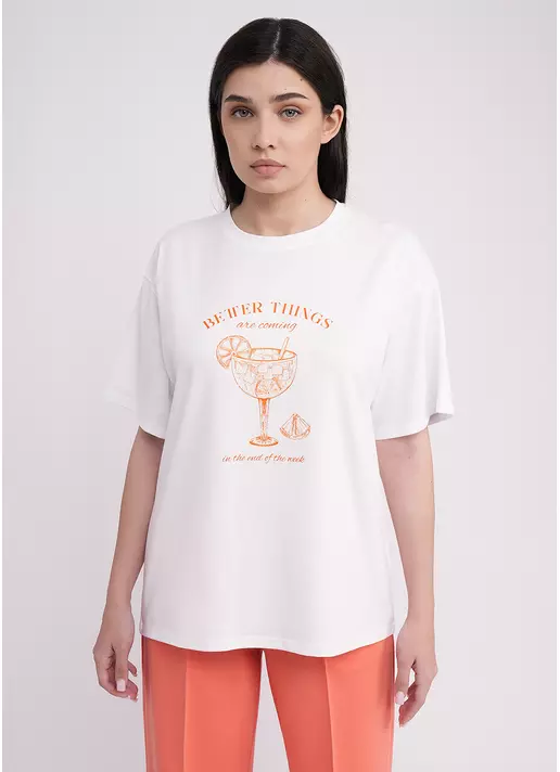 Футболка оверсайз из хлопка с принтом T-SHIRT BASIC print 4806/010 white/letter print (белый)