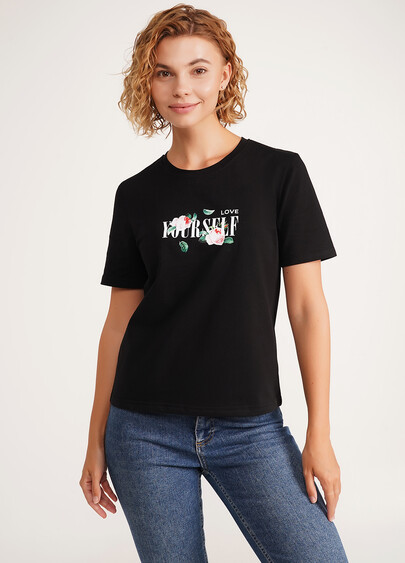 Хлопковая футболка с розами T-shirt print 4802/60 black/flowers (черный)