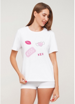 Бавовняна футболка з принтом T-shirt print 4802/60 (білий, рожевий)