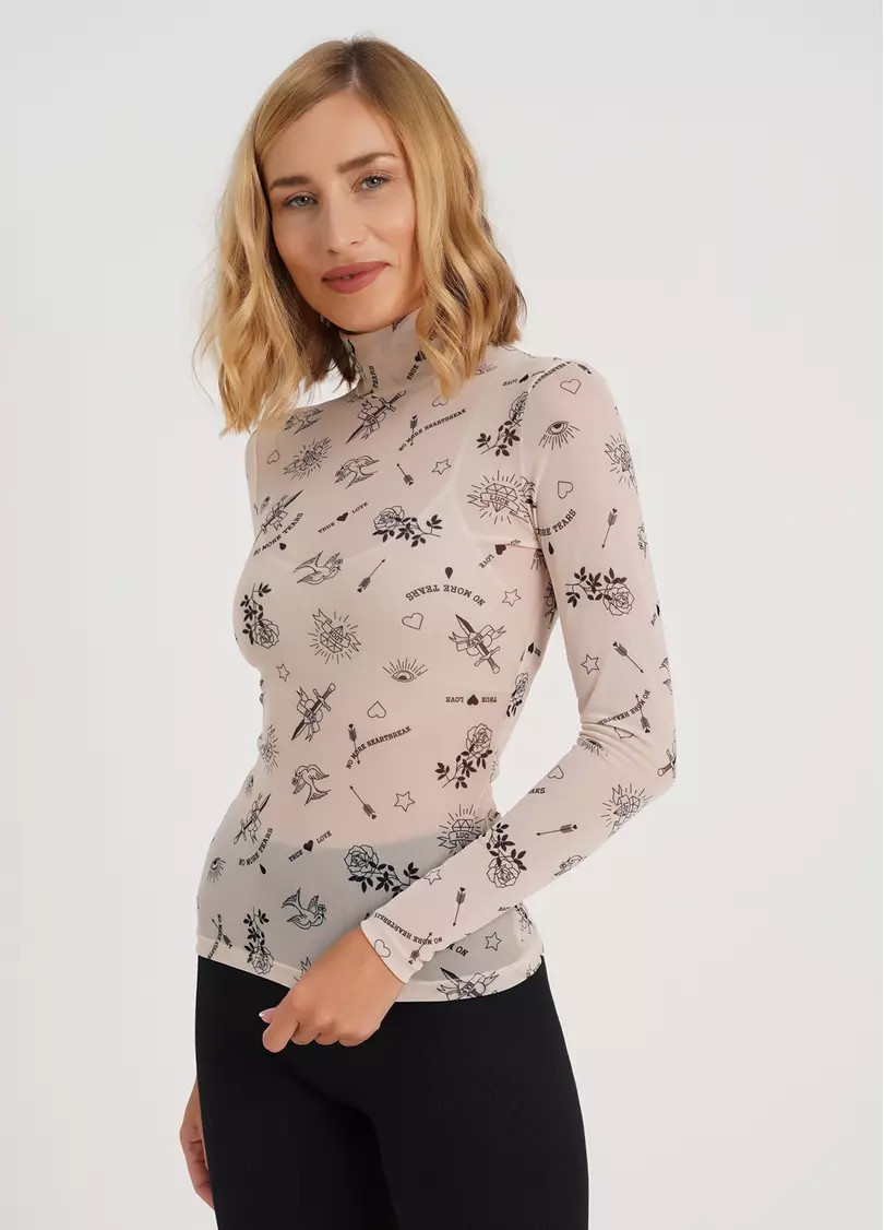 Прозора водолазка з тату з сітки Tatoo 4901/07 beige tattoo (бежевий)