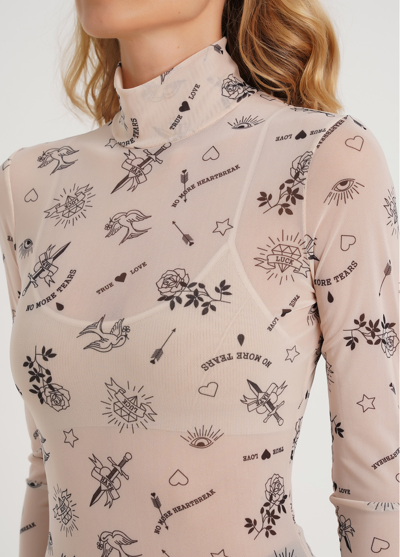 Прозора водолазка з тату з сітки Tatoo 4901/07 beige tattoo (бежевий)