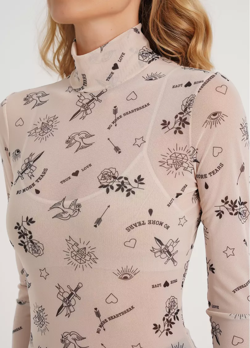Прозора водолазка з тату з сітки Tatoo 4901/07 beige tattoo (бежевий)