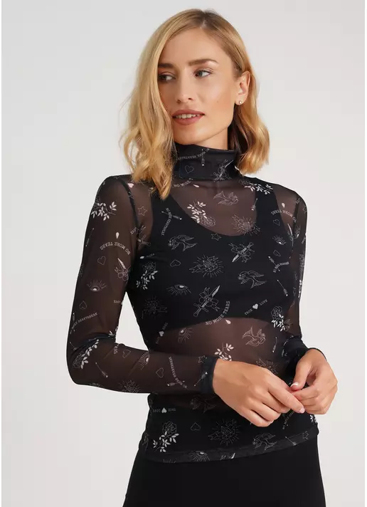 Прозрачная водолазка с тату из сетки Tatoo 4901/07 black tattoo (черный)