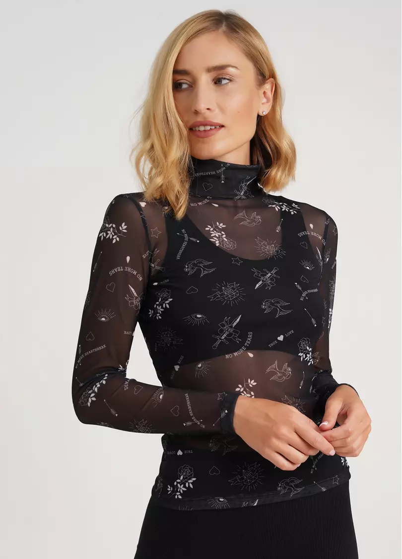 Прозора водолазка з тату з сітки Tatoo 4901/07 black tattoo (чорний)