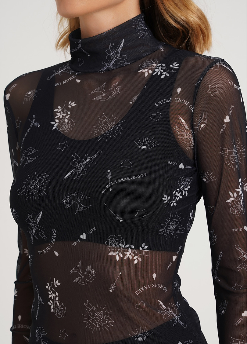 Прозора водолазка з тату з сітки Tatoo 4901/07 black tattoo (чорний)
