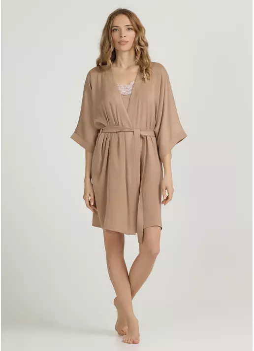 Короткий халат з жатого шовку CREME FOLD 7205/050 creamy beige (бежевий)