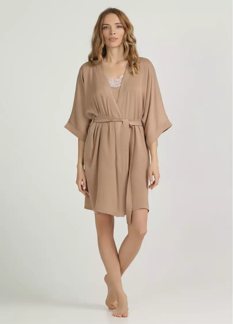 Короткий халат з жатого шовку CREME FOLD 7205/050 creamy beige (бежевий)