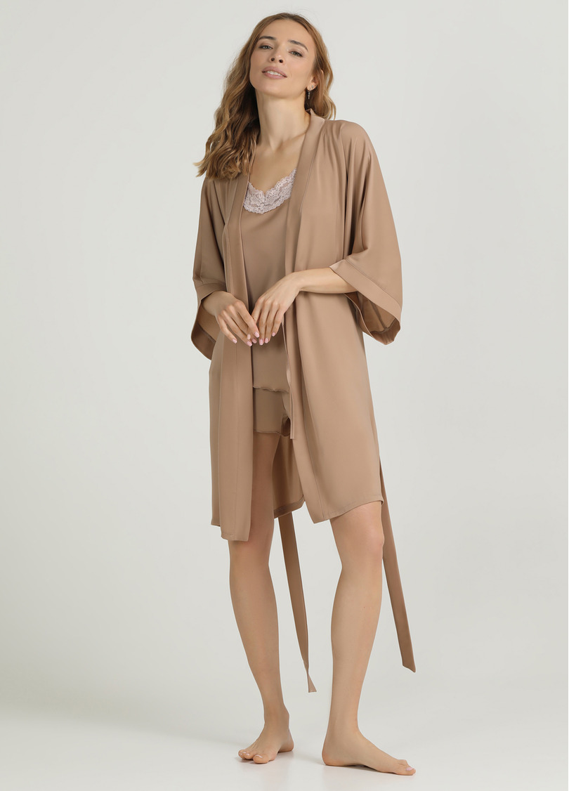 Короткий халат з жатого шовку CREME FOLD 7205/050 creamy beige (бежевий)