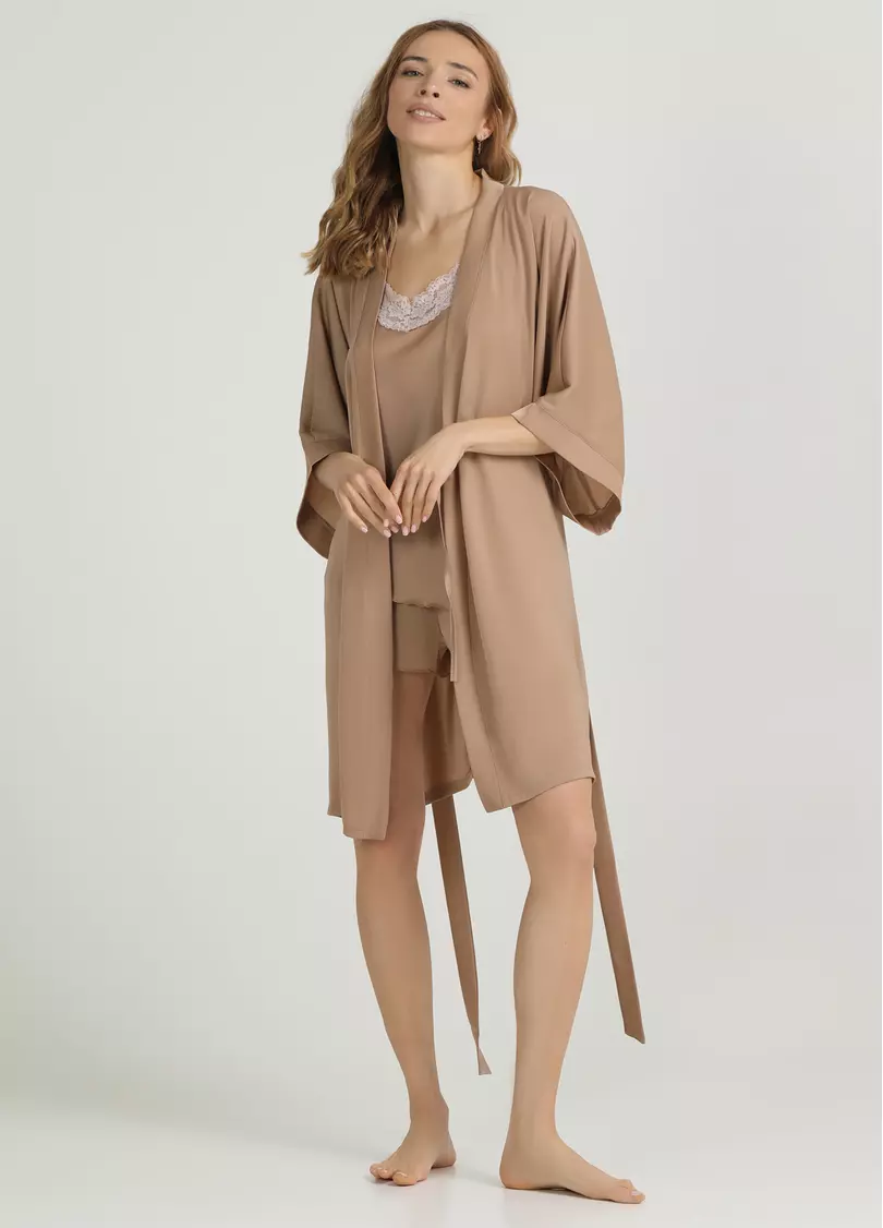 Короткий халат з жатого шовку CREME FOLD 7205/050 creamy beige (бежевий)