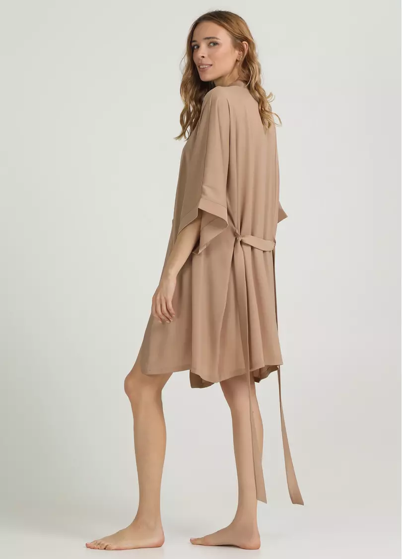 Короткий халат з жатого шовку CREME FOLD 7205/050 creamy beige (бежевий)