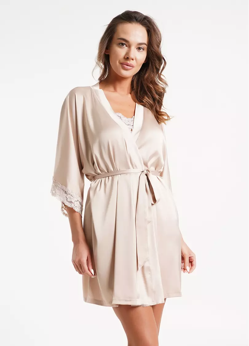 Короткий халат с кружевом HELENA 7212/051 beige (бежевый)