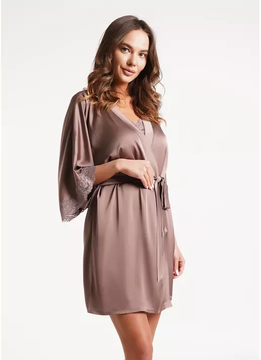 Короткий халат з мереживом HELENA 7212/051 chocolate (коричневий)