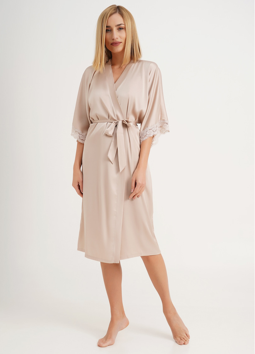 Халат шелковый c кружевом HELENA 7214/051 beige (бежевый)
