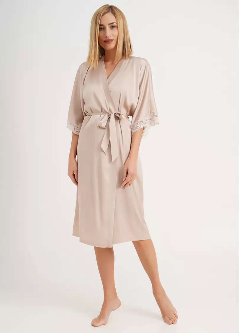 Халат шелковый c кружевом HELENA 7214/051 beige (бежевый)