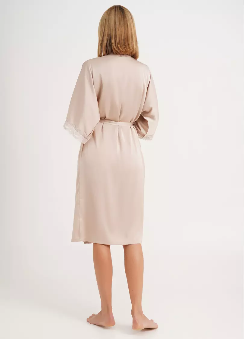 Халат шелковый c кружевом HELENA 7214/051 beige (бежевый)