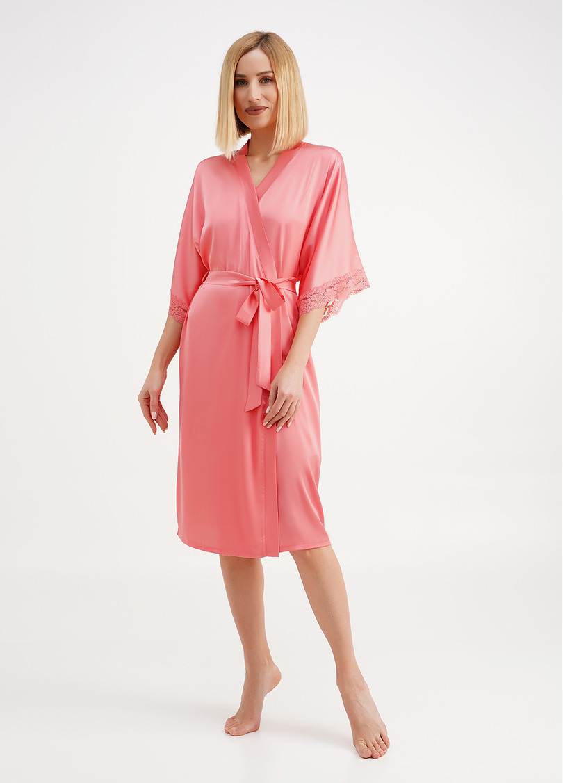 Халат шелковый с кружевом HELENA 7214/051 coral (розовый)