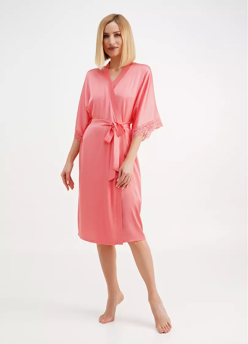Халат шелковый с кружевом HELENA 7214/051 coral (розовый)