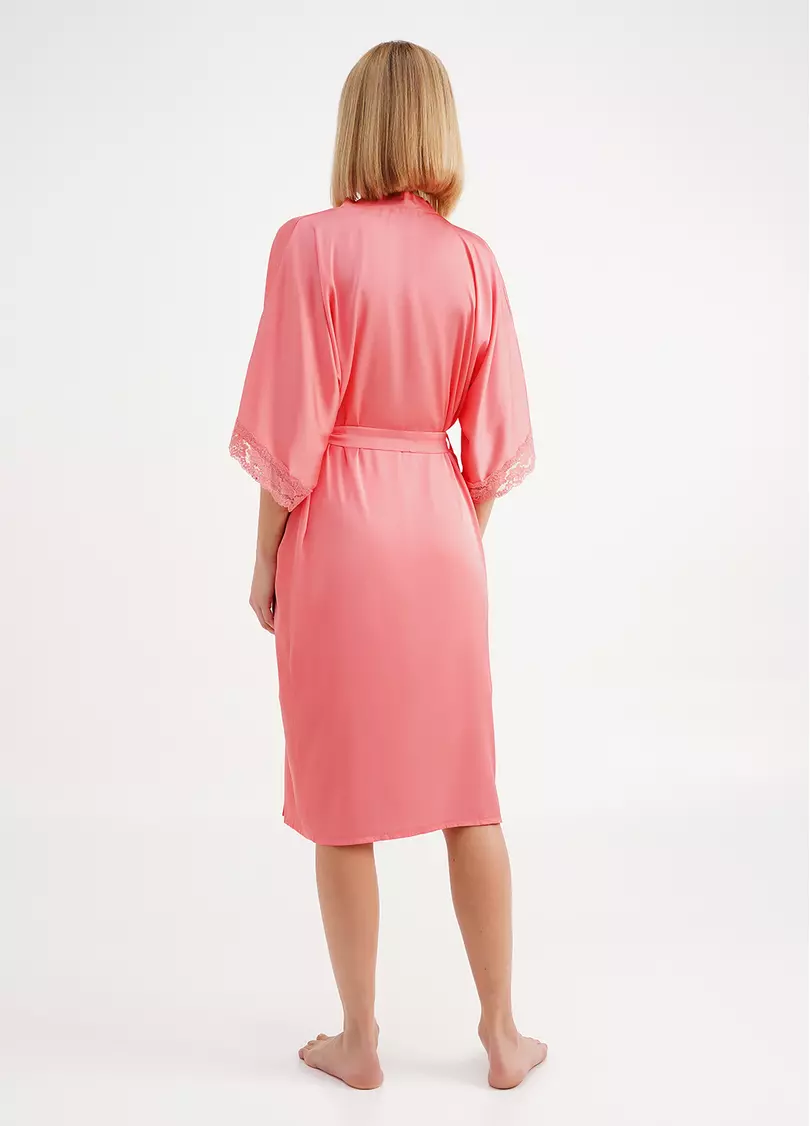Халат шелковый с кружевом HELENA 7214/051 coral (розовый)