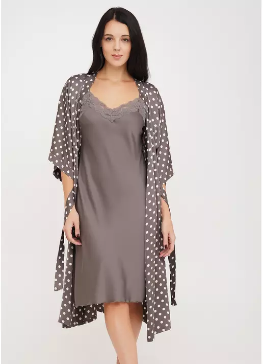 Длинный халат из шелка в горох POLKA DOT 7205/050 cappuccino (коричневый)