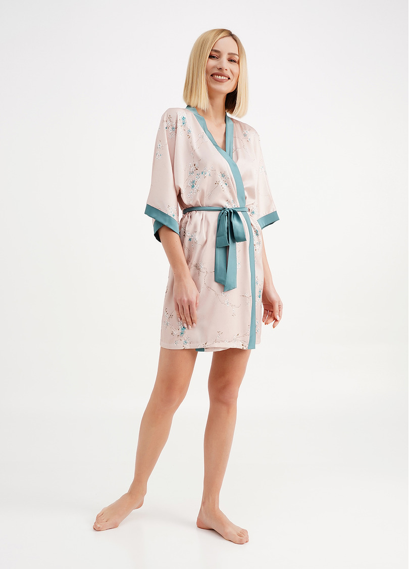 Шелковый халат в цветы сакуры SAKURA 7224/050 beige (бежевый)