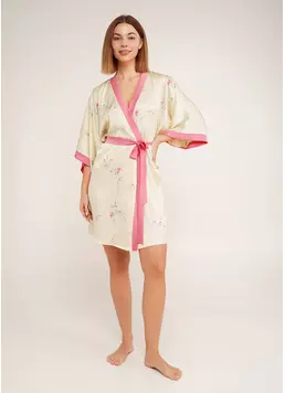 Шовковий халат у квіти сакури SAKURA 7224/050 light yellow (жовтий)