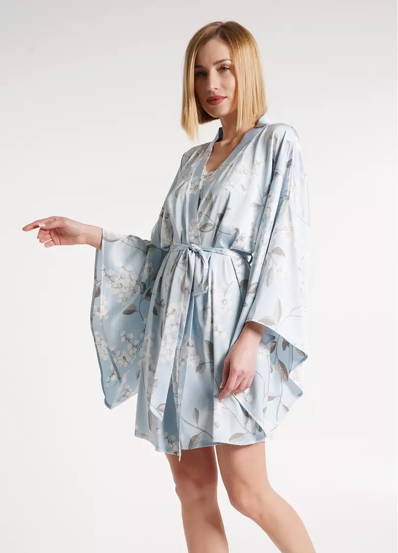 Шовковий халат-кімоно у квіти SAKURA 7326/050 blue (блакитний)