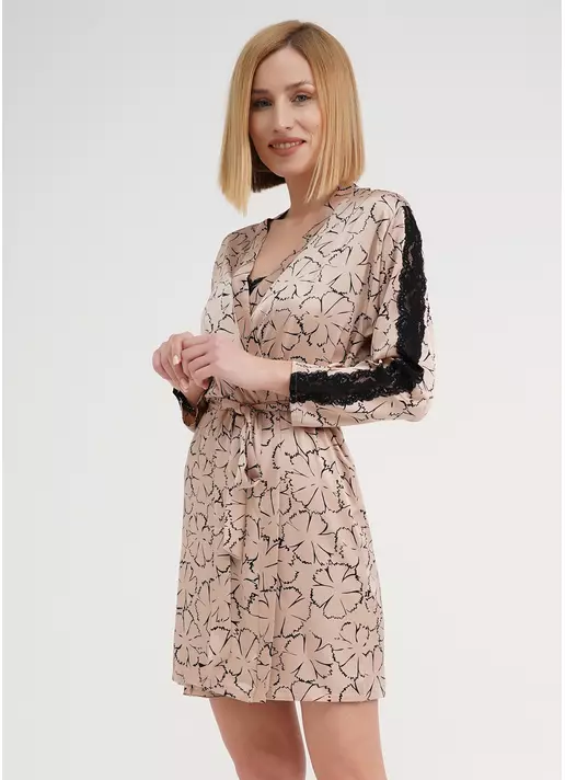 Шовковий халат у квіти з мереживом TIZIANA 7327/051 beige/black clove (бежевий)