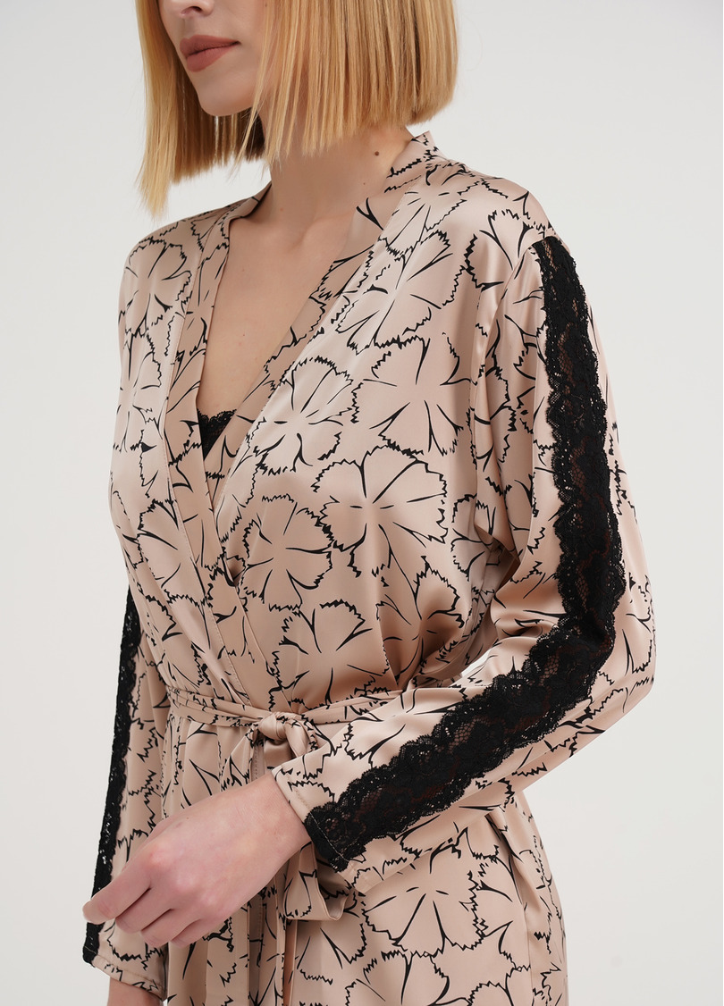 Шелковый халат в цветы с кружевом TIZIANA 7327/051 beige/black clove (бежевый)
