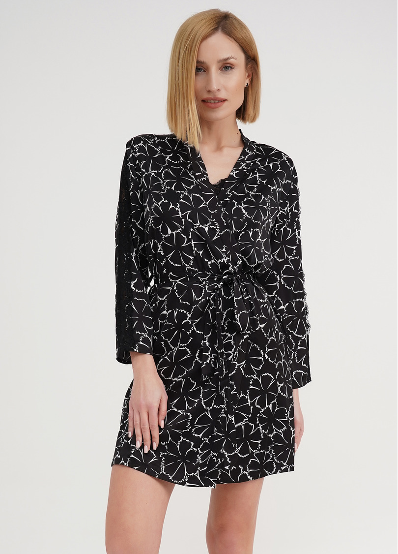 Шелковый халат в цветы с кружевом TIZIANA 7327/051 black/white clove (черный)