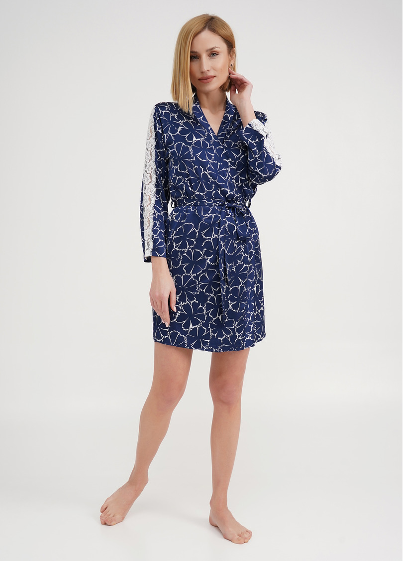 Шелковый халат в цветы с кружевом TIZIANA 7327/051 navy/white clove (синий)