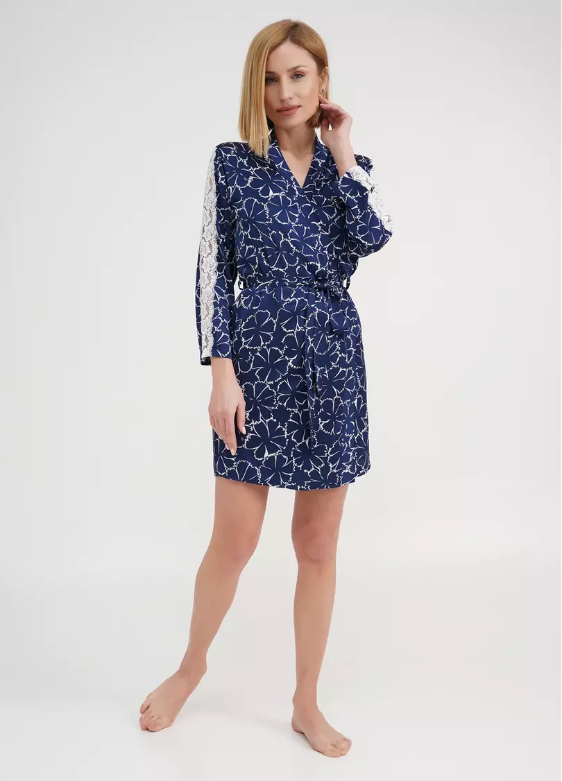 Шовковий халат у квіти з мереживом TIZIANA 7327/051 navy/white clove (синій)