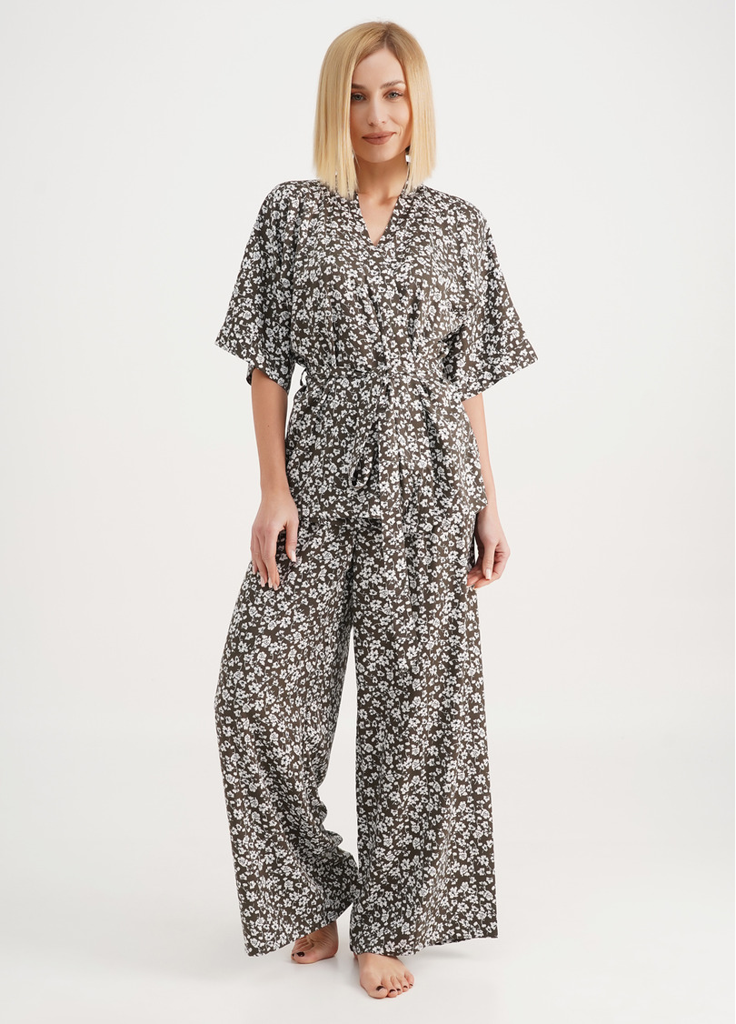 Комплект з жакетом та широкими штанами у квіти WILDFLOWERS 5601/040 khaki (зелений)