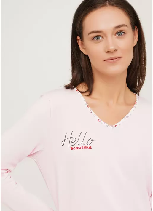Длинная пижама хлопковая с принтом "Hello beautiful" AMASING 5328/010 pink (розовый)