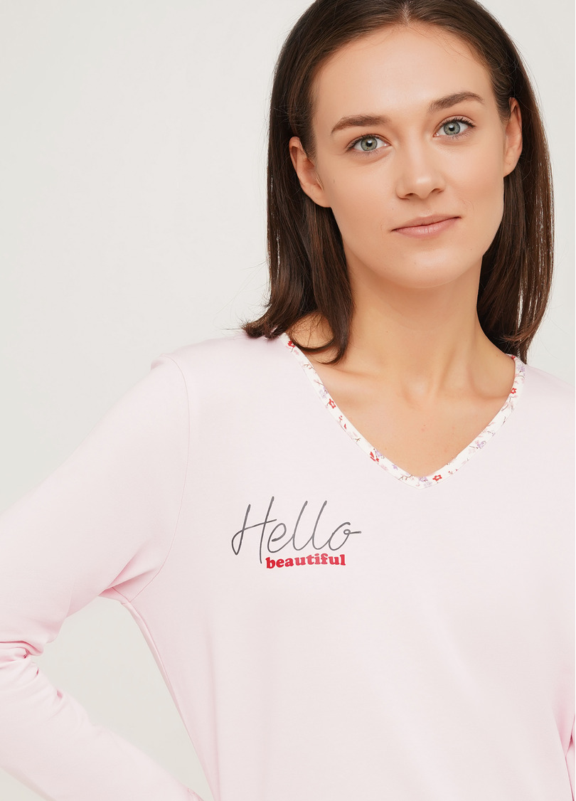 Длинная пижама хлопковая с принтом "Hello beautiful" AMASING 5328/010 pink (розовый)