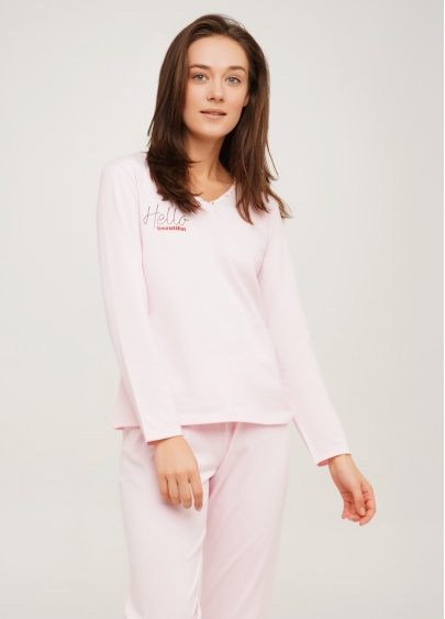 Длинная пижама хлопковая с принтом "Hello beautiful" AMASING 5328/010 pink (розовый)